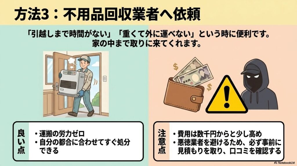 不用品回収業者に依頼する際のメリットと、悪徳業者を避けるための注意点を解説するスライド。