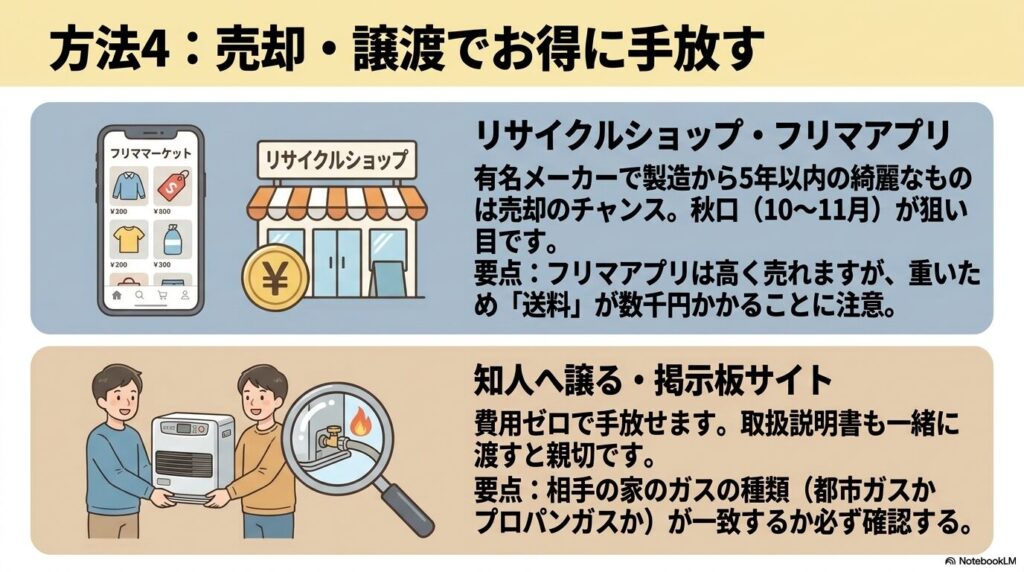 フリマアプリでの売却や、知人への譲渡による処分方法とそれぞれの注意点を説明するスライド。