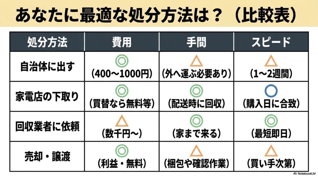 紹介した4つの処分方法を、費用、手間、スピードの3つの観点で比較した一覧表。