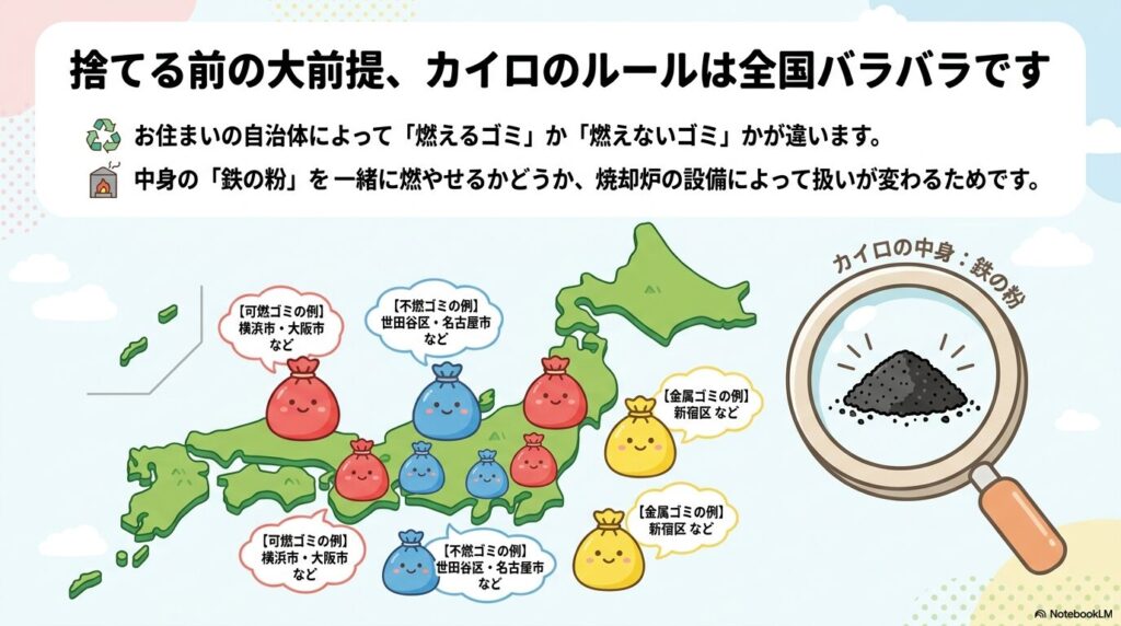 カイロの分別ルールが自治体により異なる理由と、日本地図を用いた可燃・不燃・金属ゴミの具体的な分別例の紹介。
