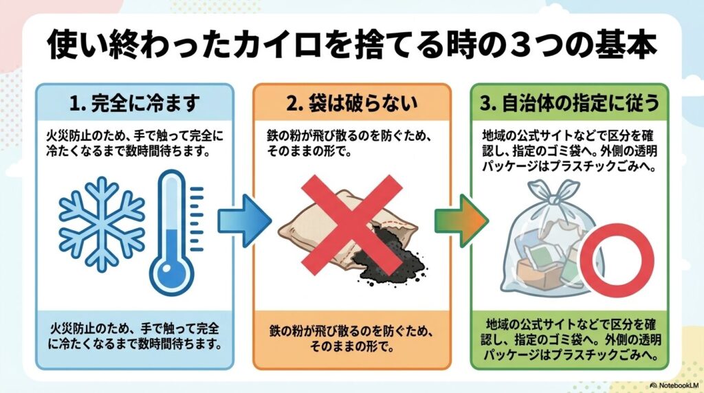 使い終わったカイロを捨てる際の3つの基本ステップとして、完全に冷ます、袋を破らない、自治体の指示に従うことを解説。