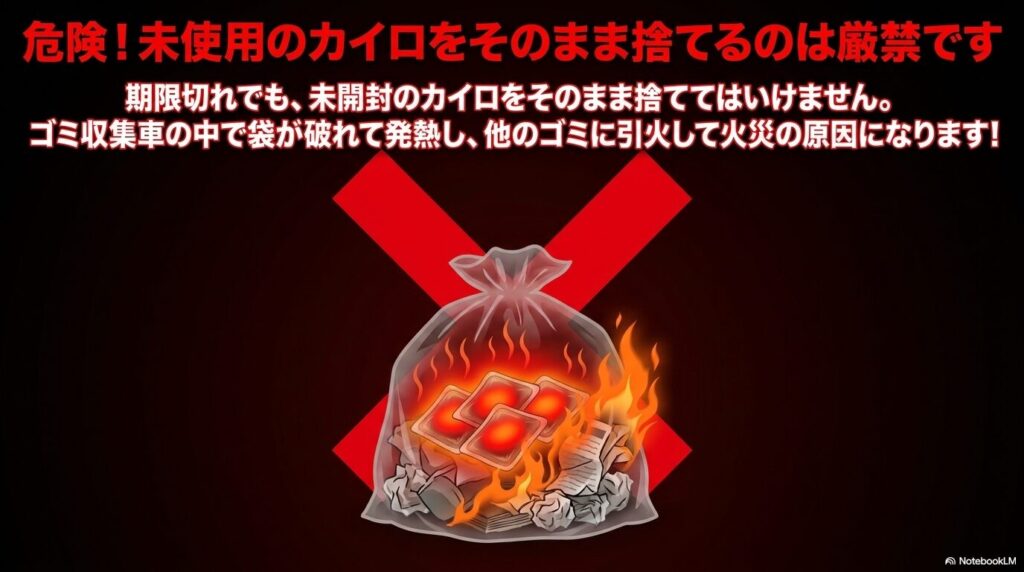 未使用のカイロをそのまま捨てると、ゴミ収集車内での発熱・引火により火災の原因となる危険性があるという警告。