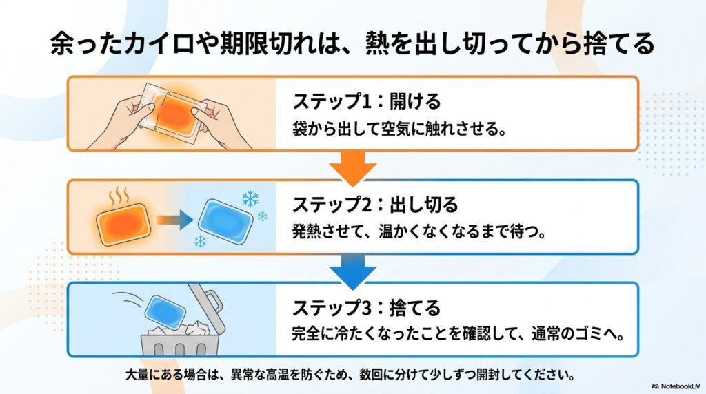 余った、または期限切れのカイロを安全に捨てるための、開封して熱を出し切ってから捨てるという3つの手順の解説。