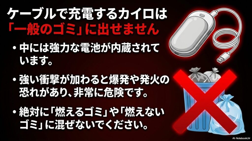 充電式カイロは電池を内蔵しており発火の危険があるため、一般のゴミには出さず適切に処理する必要があるという注意喚起。