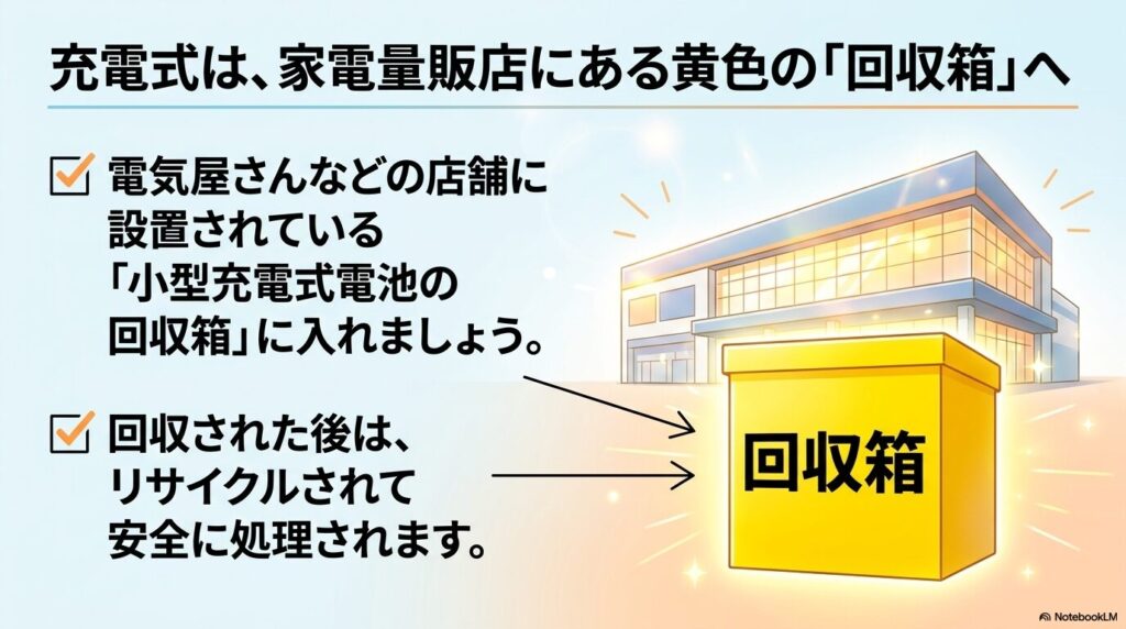 充電式カイロの正しい処分方法として、家電量販店に設置されている「小型充電式電池のリサイクル回収箱」の利用を推奨。