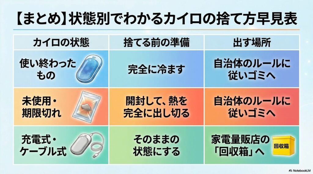 使い終わったもの、未使用・期限切れ、充電式の3つの状態別に、捨てる前の準備と出す場所をまとめた早見表。