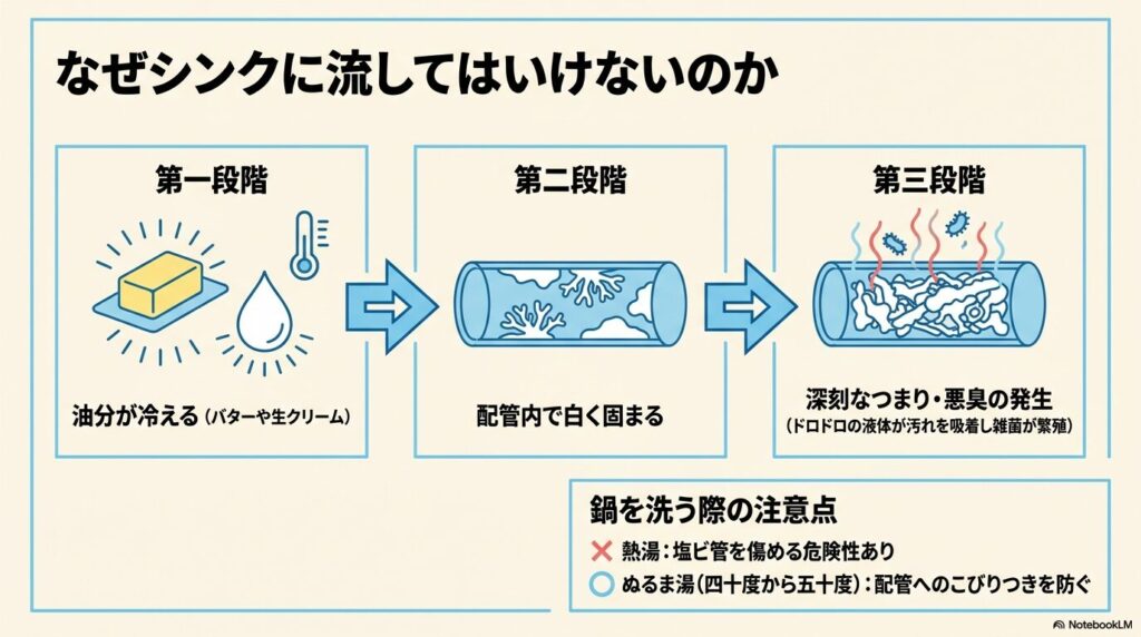 シチューをシンクに流すと油分が冷えて固まり、配管の詰まりや悪臭、雑菌繁殖の原因になることを説明。