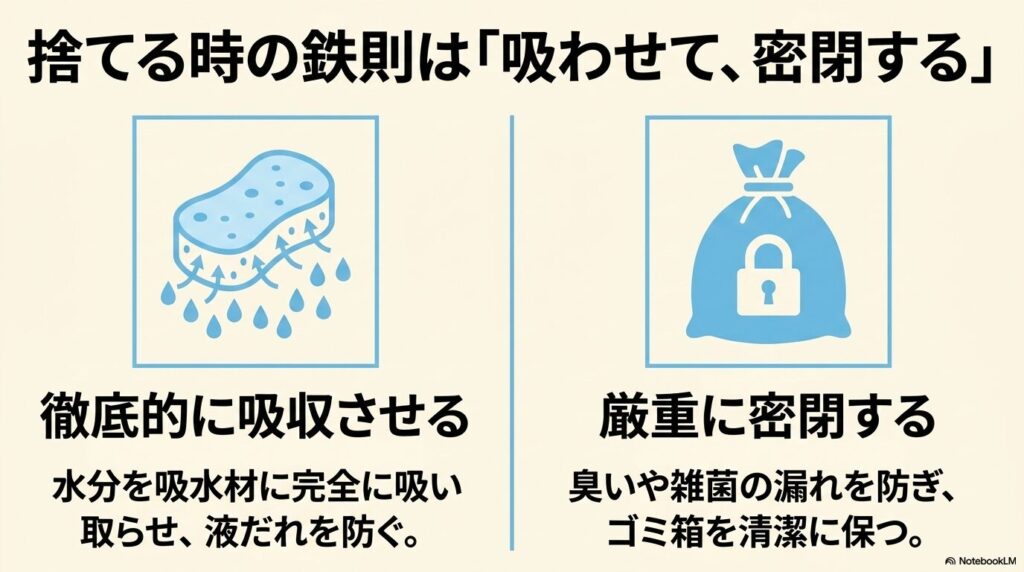 シチューを捨てる際の鉄則として、吸水材に水分を完全に吸わせ、臭いや漏れを防ぐために厳重に密閉することを推奨。