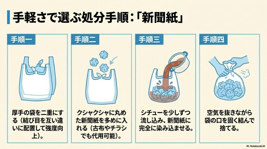 二重にしたゴミ袋に丸めた新聞紙を入れ、シチューを染み込ませてから空気を抜いて捨てる4つの手順を紹介。