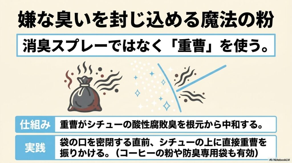 嫌な臭いを抑えるために、捨てる直前のシチューに重曹を振りかけて酸性腐敗臭を中和する方法を説明。
