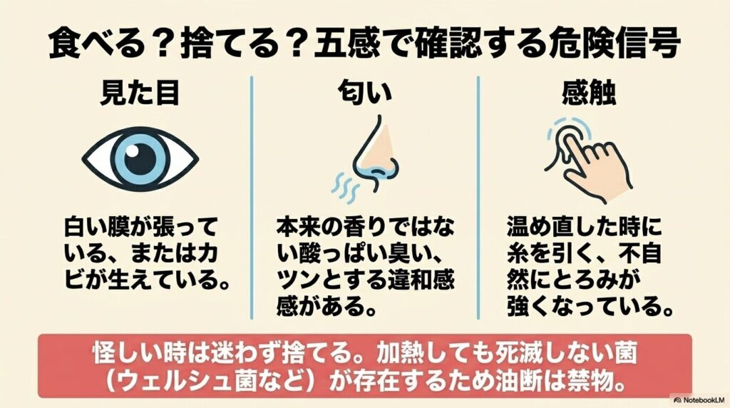 見た目、匂い、感触の変化からシチューの腐敗を判断する基準と、加熱に強い菌への注意を促すチェックリスト。
