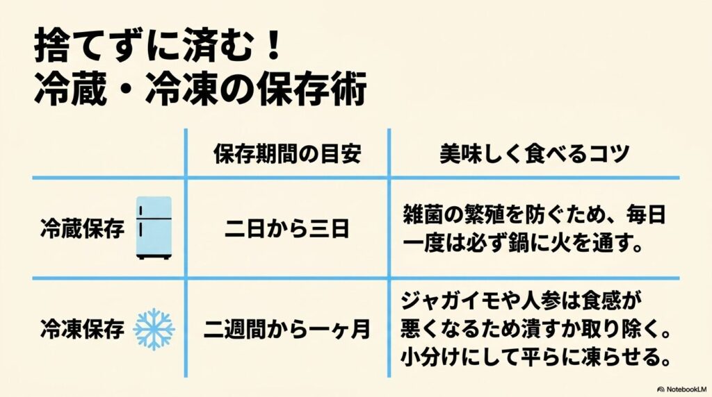 シチューを安全に保存するための冷蔵（2〜3日）と冷凍（2週間〜1ヶ月）の目安と、美味しく保つコツの比較。