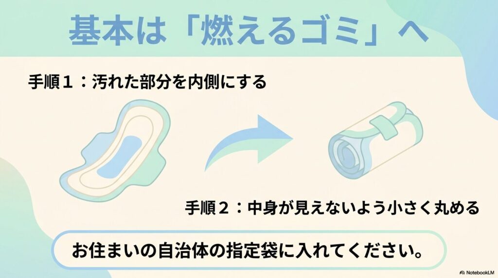 尿漏れパッドは汚れた部分を内側にして小さく丸め、自治体指定の「燃えるゴミ」の袋に入れて捨てます。