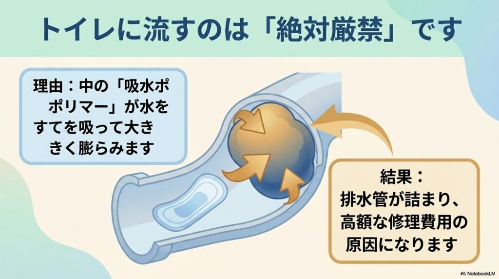 吸水ポリマーが水分で膨らんで排水管を詰まらせるため、パッドをトイレに流すことは絶対に厳禁です。