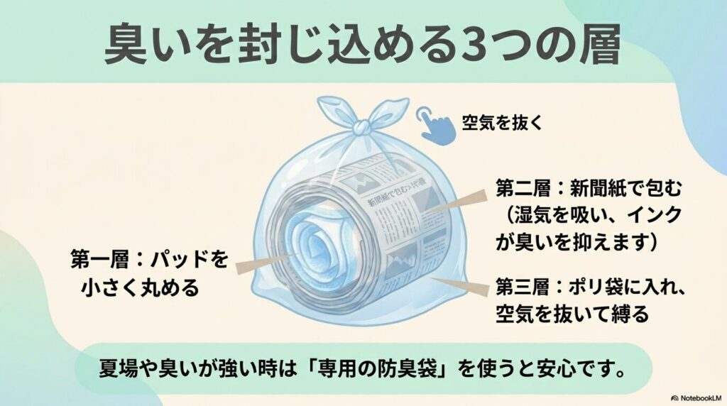 臭いを防ぐため、パッドを丸めて新聞紙で包み、ポリ袋に入れて空気を抜いて縛る3層の処理方法を紹介。