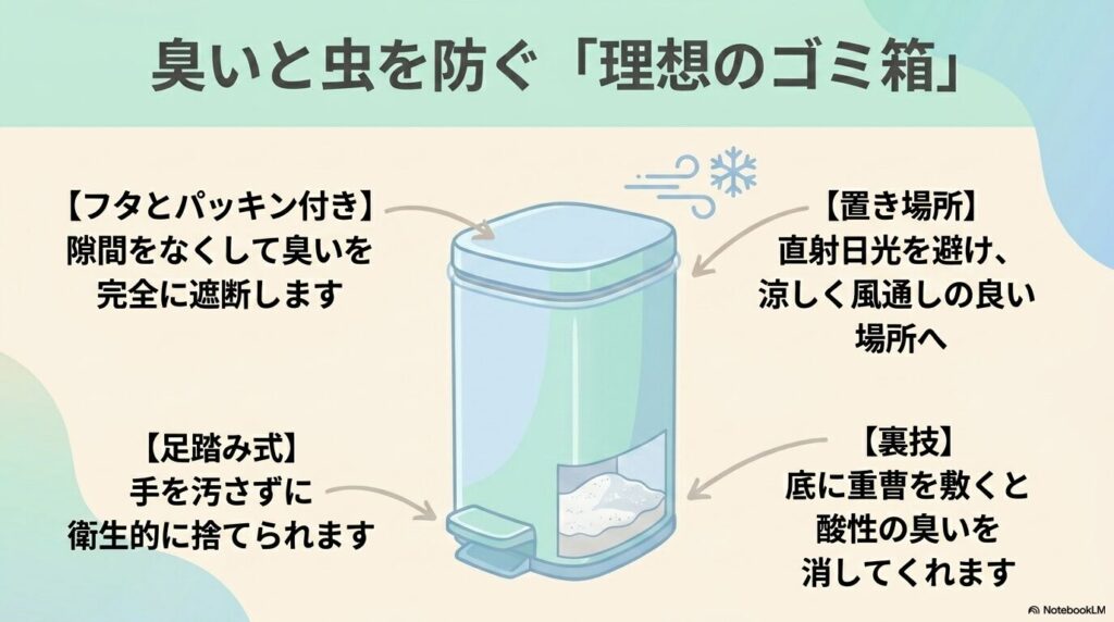 フタとパッキン付き、足踏み式、置き場所、重曹の活用など、臭いと虫を防ぐ理想のゴミ箱を解説。