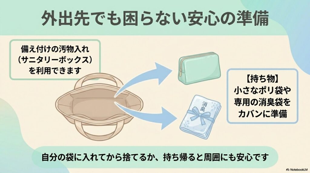 外出先では備え付けの汚物入れを利用するか、ポリ袋や消臭袋を携帯して持ち帰るのがマナーです。