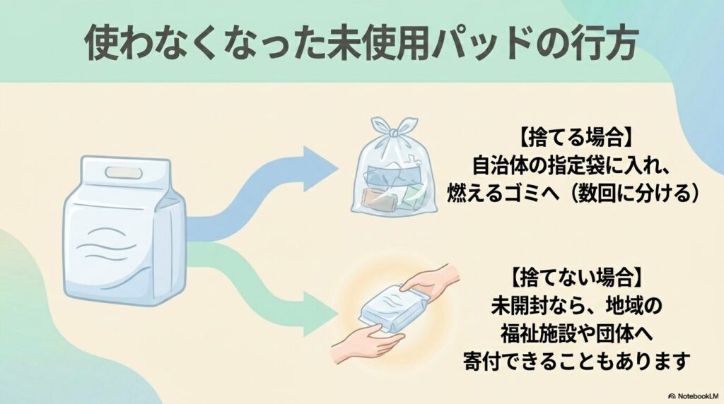 未使用のパッドを処分する際は、数回に分けて燃えるゴミに出すか、福祉施設などへの寄付を検討します。