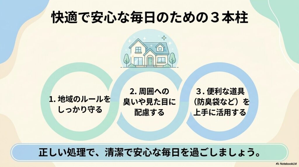 ルールの遵守、周囲への配慮、便利グッズの活用の3本柱で、清潔で安心な毎日を過ごしましょう。