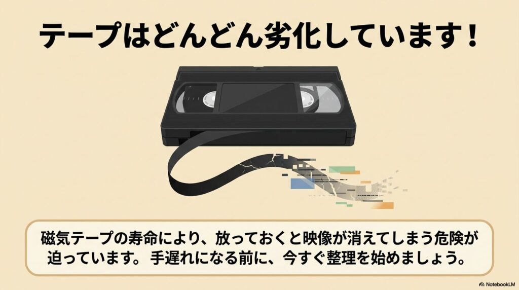 磁気テープの経年劣化のリスクと、手遅れになる前に整理を始めることを促すスライド。
