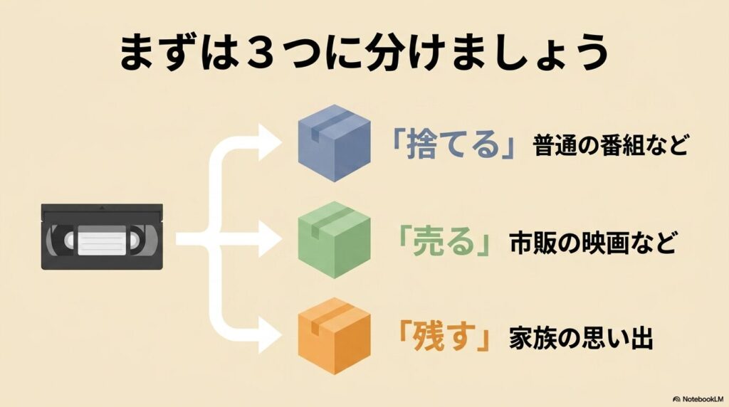 ビデオテープの内容に応じて、「捨てる」「売る」「残す」の3つに分類する方法の解説。