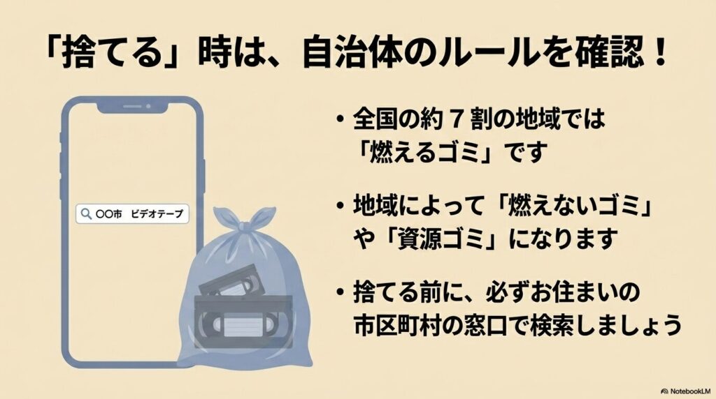 自治体ごとに異なるゴミ出しルールの確認方法と、一般的な分別区分についての説明。