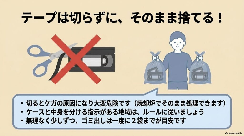 テープを切らずに捨てるべき理由と、一度に出すゴミの量の目安についての注意点。