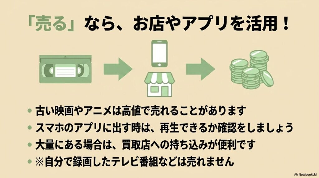 市販の映画やアニメを売却する際の手順と、録画済みテープは売れないという注意点。