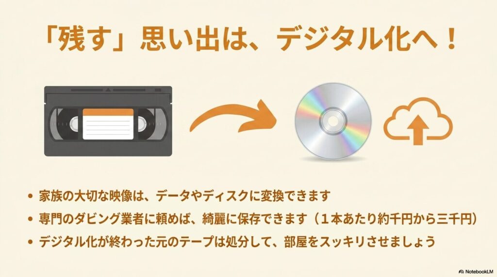 家族の大切なビデオテープを、業者を利用してデジタル化し保存する方法の提案。