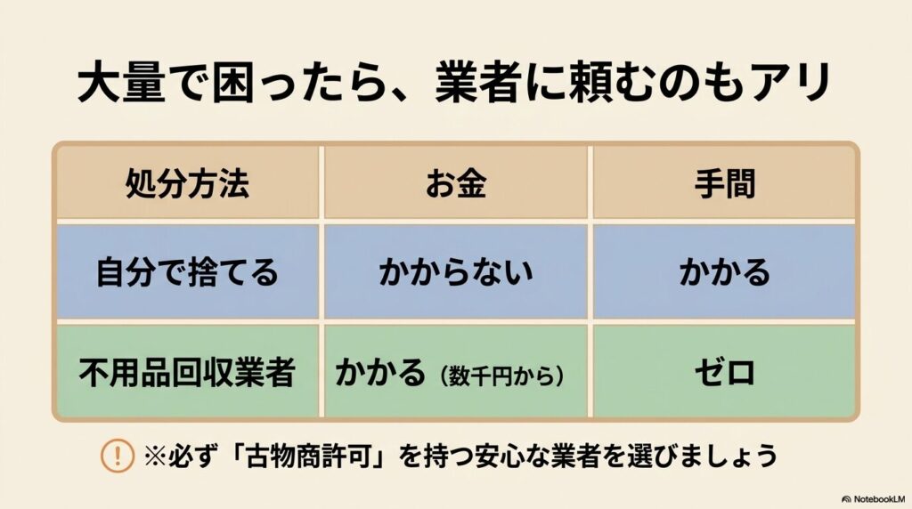 自分で捨てる場合と不用品回収業者に依頼する場合の、費用と手間の違いを比較した表。
