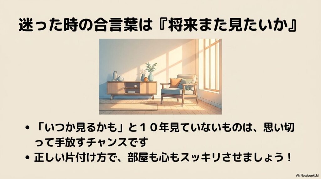 片付けに迷った時の判断基準と、整理整頓によって得られる心のゆとりについてのまとめ。