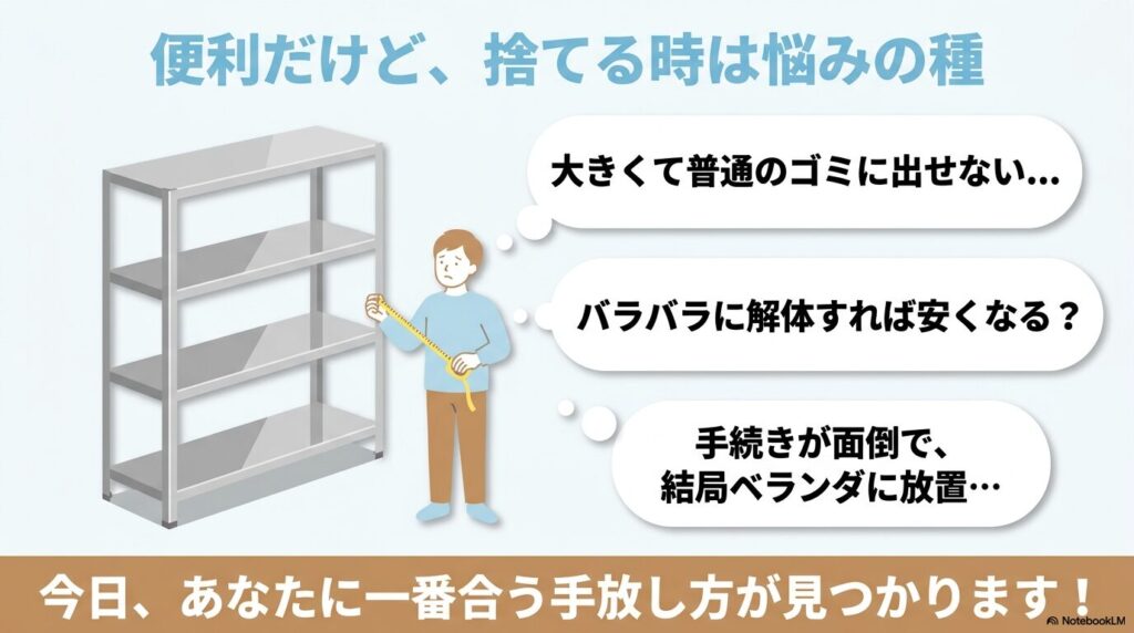 ステンレスラックを捨てる際によくある悩み（大きさ、解体費用、手続きの面倒さ）の紹介。