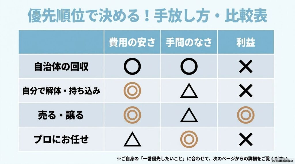 ステンレスラックの処分方法4種（自治体、解体、売却、業者）の費用・手間・利益の比較表。