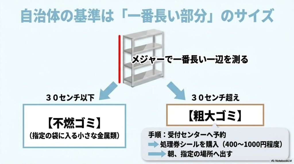 自治体で処分する場合のサイズ基準（30cm以下なら不燃ゴミ、超えると粗大ゴミ）の解説。