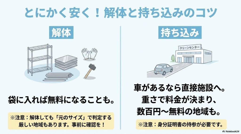 費用を抑えるための解体（袋に入れば無料の可能性）と持ち込み（重量制で安価）のコツと注意点。