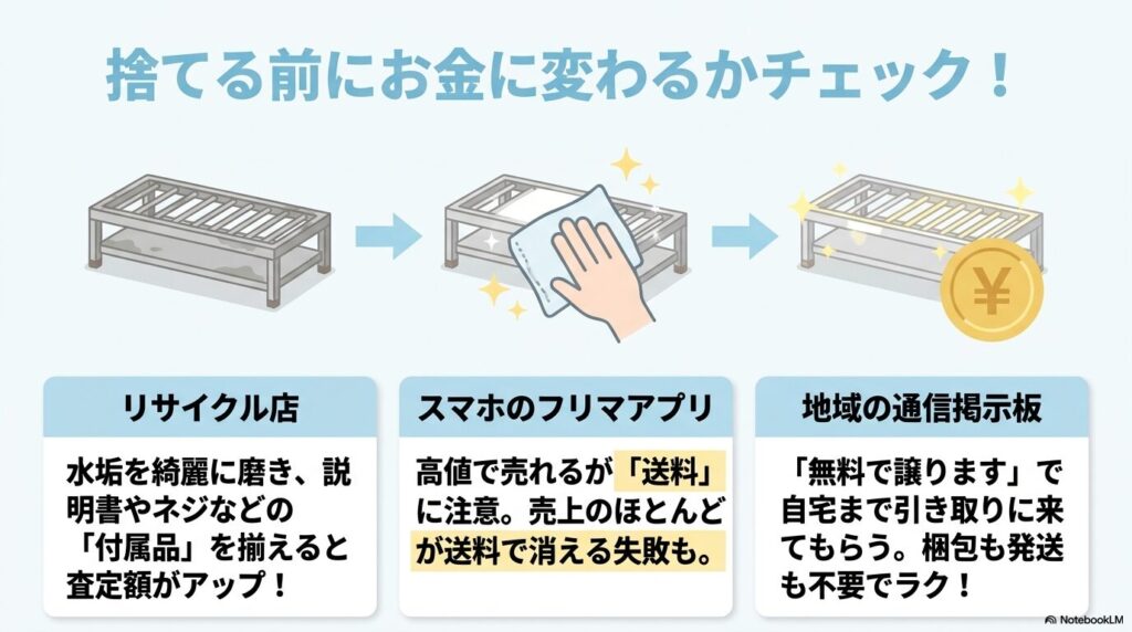 処分前に売却を検討する際のリサイクルショップ、フリマアプリ、地元の掲示板のメリットと注意点。