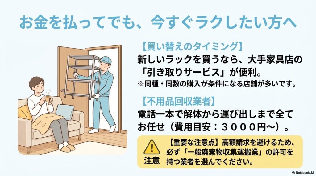 手間をかけずに処分する方法（家具店の引き取りサービス、不用品回収業者）と業者選びの注意点。