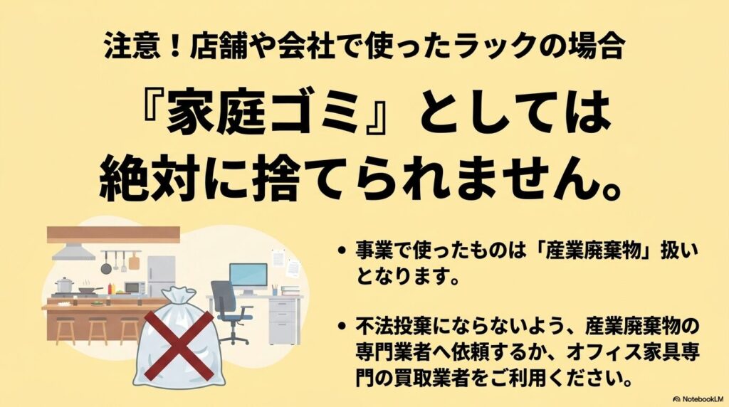 店舗や事務所で使用したラックは産業廃棄物扱いとなり、家庭ゴミとして処分できないことへの注意。