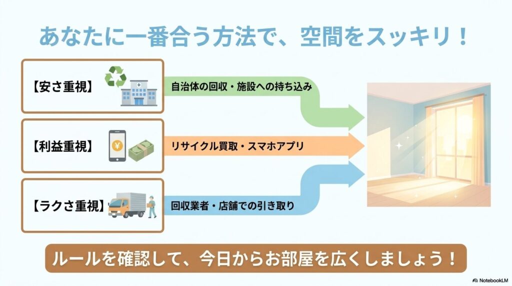 ユーザーの優先事項（安さ、利益、ラクさ）に合わせた最適な処分方法のまとめ。