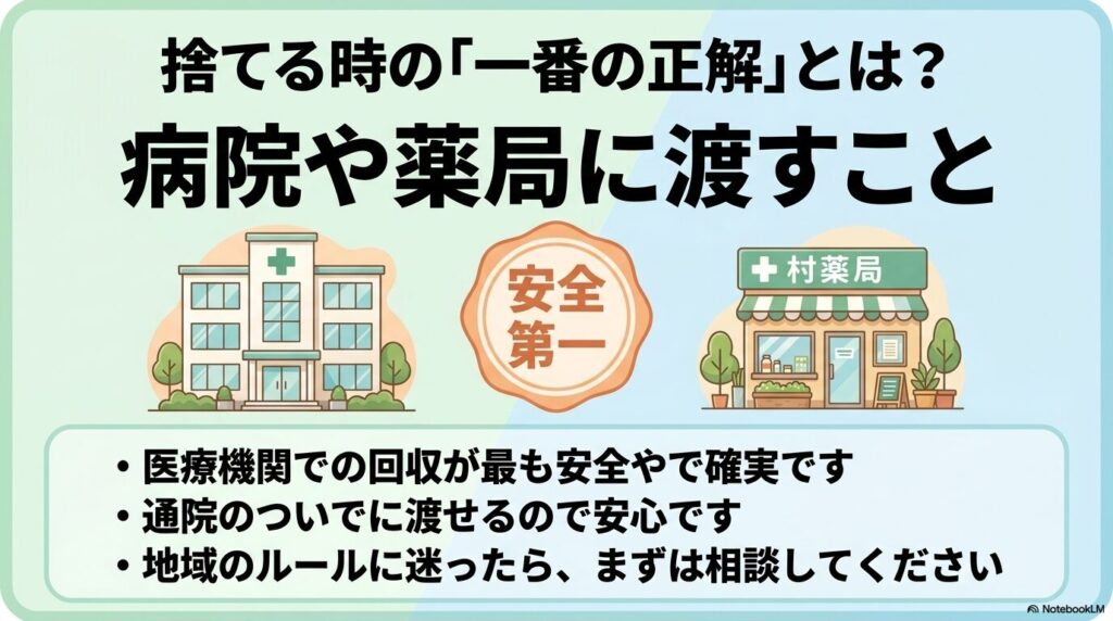 医療針の最も安全な処分方法は病院や薬局に渡すことであり、相談の重要性を強調しています。