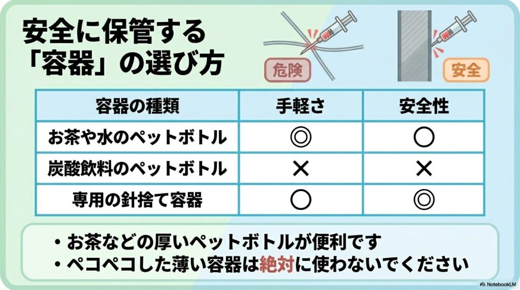 医療針を保管するための適切な容器の選び方を、ペットボトルや専用容器の比較表で解説しています。