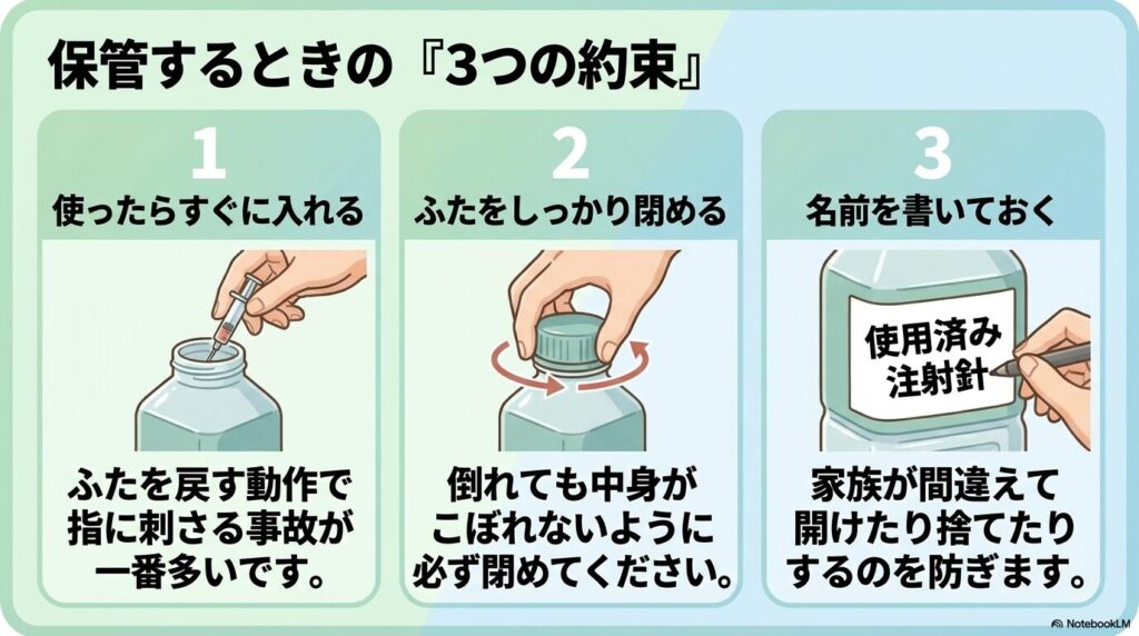 医療針を保管する際の3つのルール：すぐに入れる、ふたを閉める、名前を書くことを図解しています。