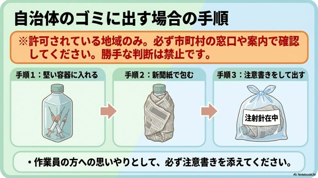 自治体のゴミに出す場合の手順を解説し、自治体への確認と適切な梱包、注意書きの重要性を述べています。