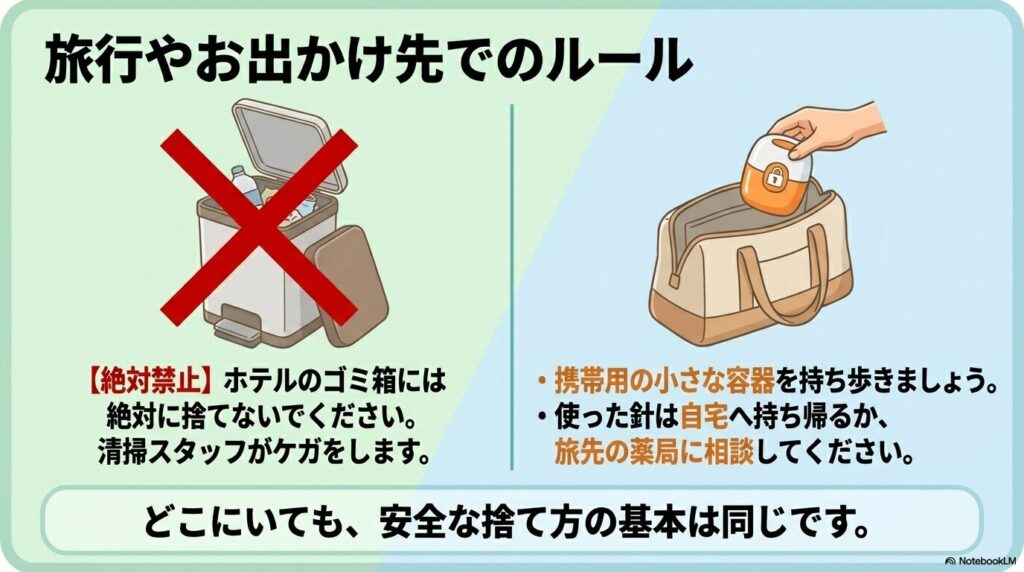 外出先での医療針の取り扱いルールについて、ホテルのゴミ箱への廃棄禁止と携帯容器の使用を促しています。
