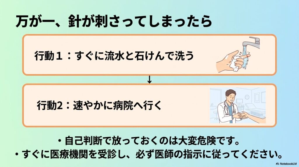 誤って針が刺さった際の応急処置として、流水での洗浄と速やかな受診を案内しています。