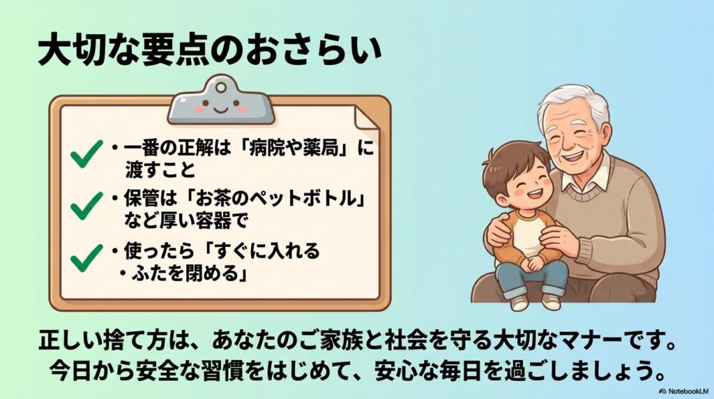 医療針の処分の要点をまとめ、病院への引き渡し、厚い容器での保管、即時の廃棄と密閉を再確認しています。