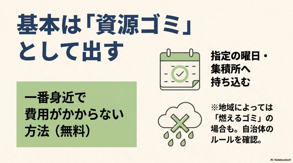 費用をかけずに本を処分する方法として、自治体の資源ゴミに出す際の基本ルールを解説しています。