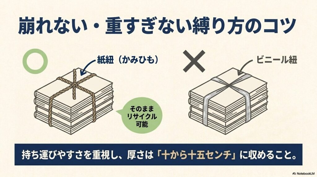 本を資源ゴミとして出す際の、紙紐を使った適切な縛り方や推奨される厚さについて説明しています。