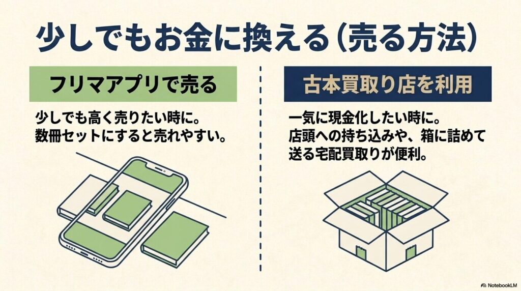 本を売ってお金に換える方法として、フリマアプリと古本買取店のそれぞれの特徴を比較しています。