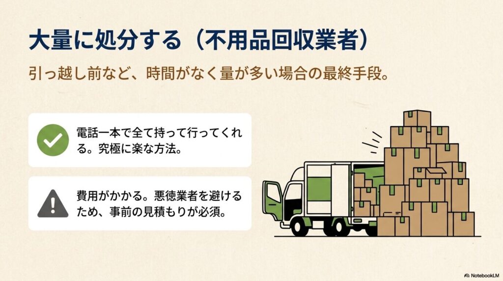 大量の本を一度に処分する不用品回収業者の利用について、メリットと注意点を説明しています。